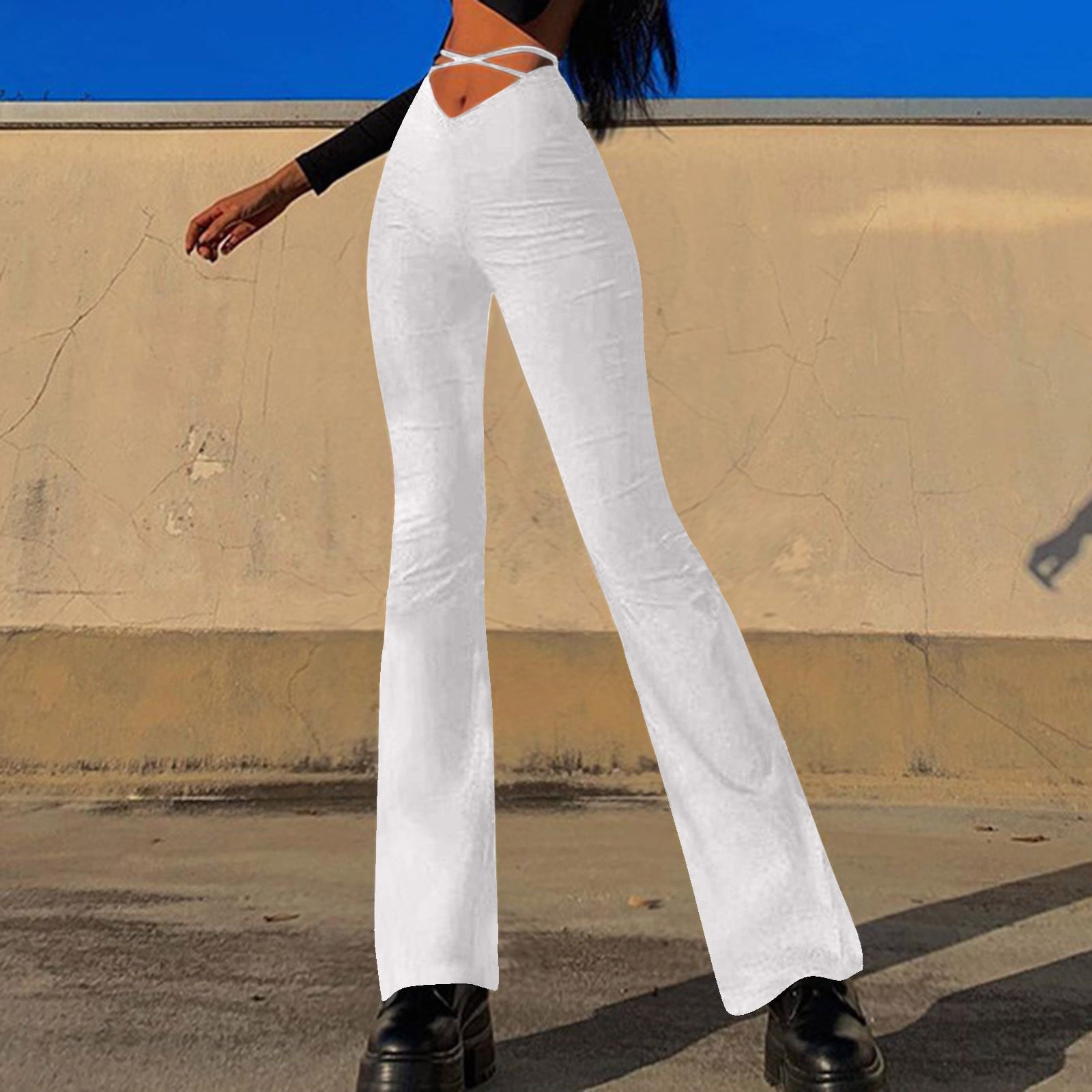 Bigersell Women Modern Bootcut Pant Full Length Women's Fashion Casual  V-Waist Cropped Navel Cross Strap Solid Flared Lounge Pants Ladies Shaping