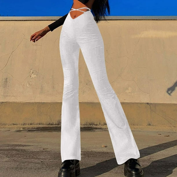 Flare Pants for Women Casual V-Waist Cropped Cross Strap Solid