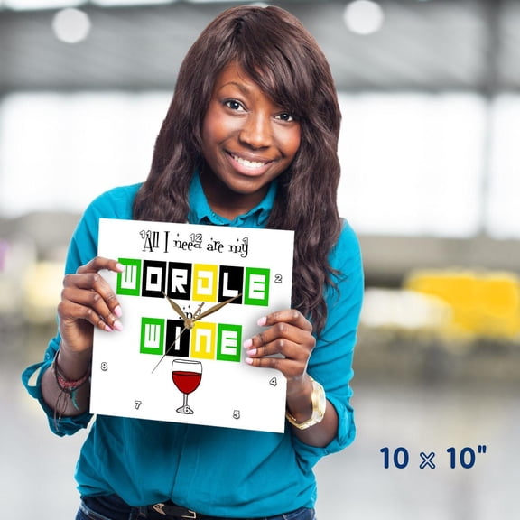 3dRose, Funny Cute All I need are Wordle and Wine Wordle Word Game Cartoon , 10x10 Wall Clock