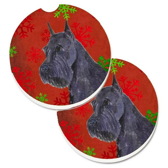 Schnauzer Red & Green Snowflakes Holiday Christmas Set of 2 Cup Holder Car Coaster