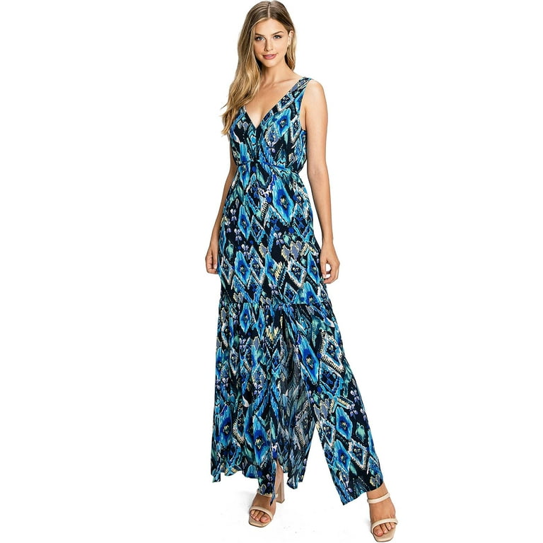 Love Stitch Women's Plunging V-Neck Boho Slim A-Line Maxi Dress