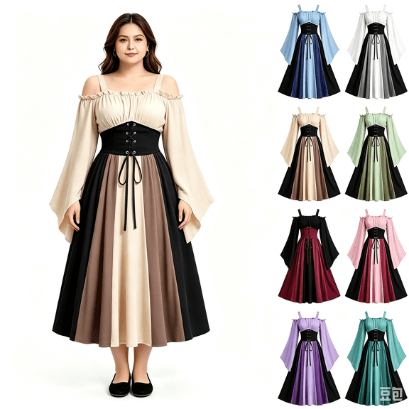 UPPADA Women Medieval Renaissance Costume Dress Cold Shoulder Underbust Corset Fairy Dress Flare Sleeve Midi Dress Victorian Ball Gown Green,L