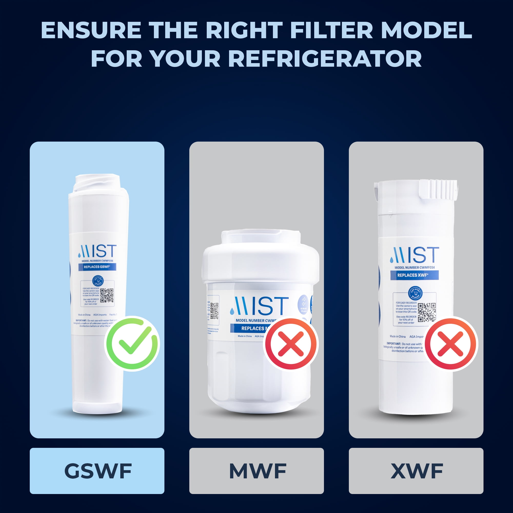 Mist GSWF Refrigerator Water Filter Replacement Cartridge for GE, Compatible with GSWF Smart Water, GSWFDS, 100749-C, 100810/A, 238C2334P001, Kenmore 46-9914- GE, 2-pack