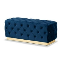 Baxton Studio Corrine Glam and Luxe Navy Blue Velvet Fabric Upholstered and Gold PU Leather Ottoman