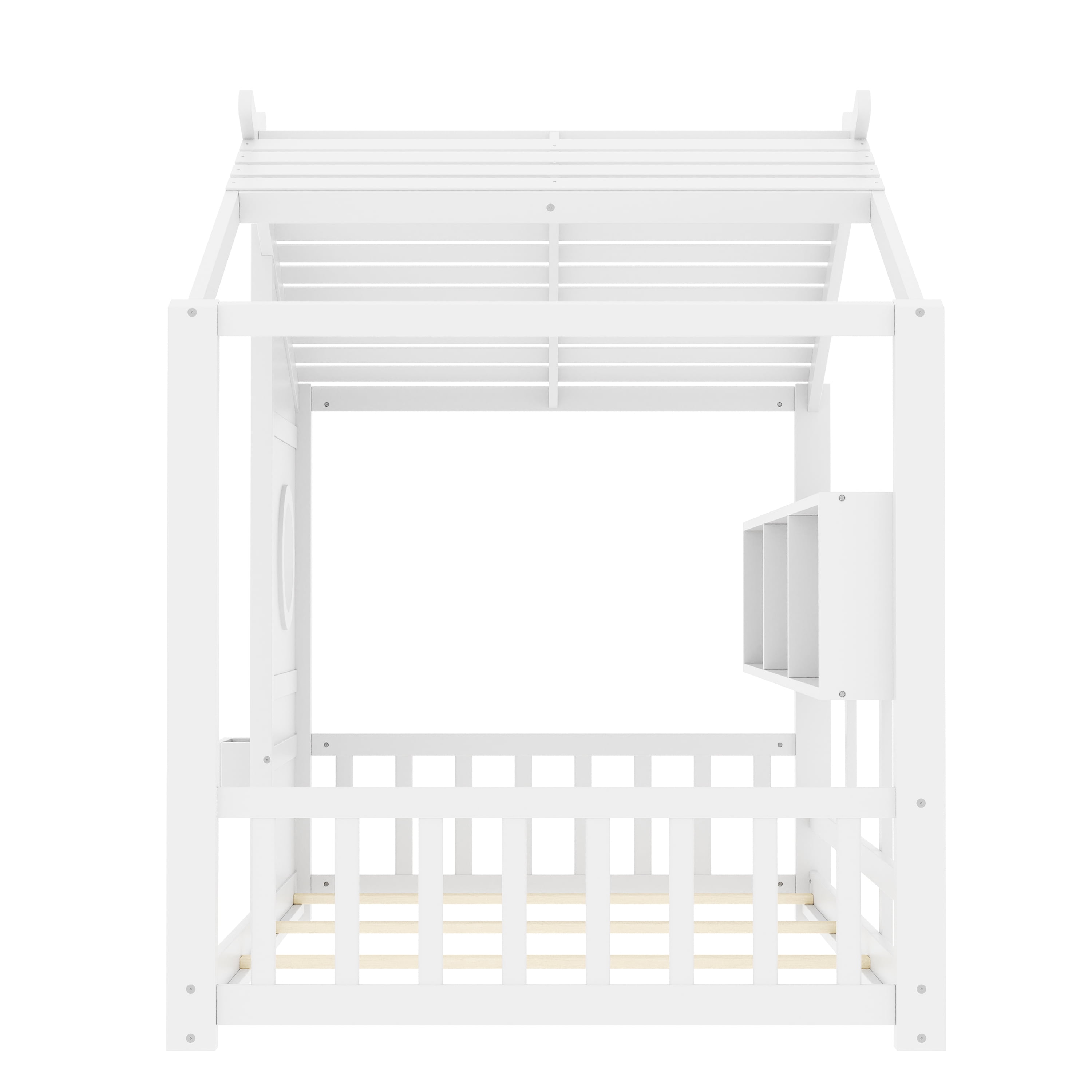 Twin Size Floor Bed for Toddlers and Kids with Roof Design Montessori Style Playhouse Bed with Storage Shelf White