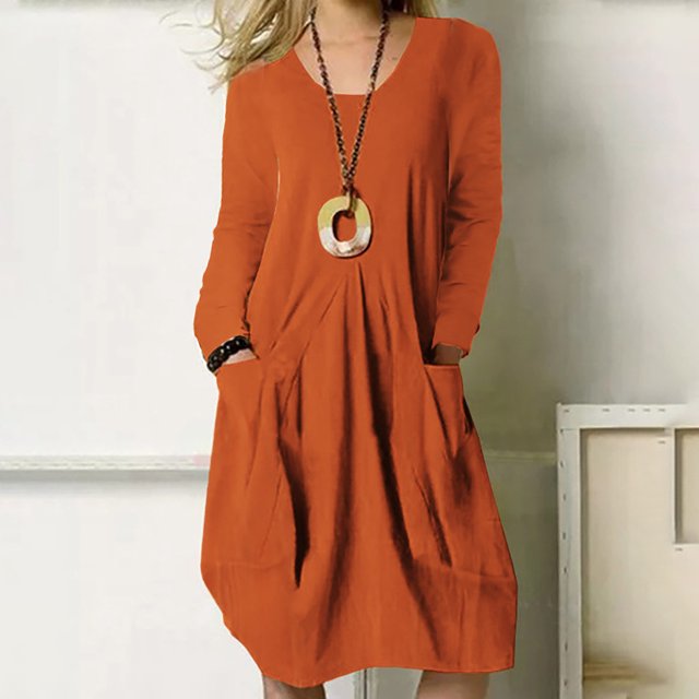Vestido De Manga Larga Vestido De Otoño De Color Puro Vestido De Mujer Frente Plisado Manga Larga Cuello Redondo Color Puro Vestido Suelto Informal Con Bolsillos Para Primavera ANGGREK Naranja Rojo XXL