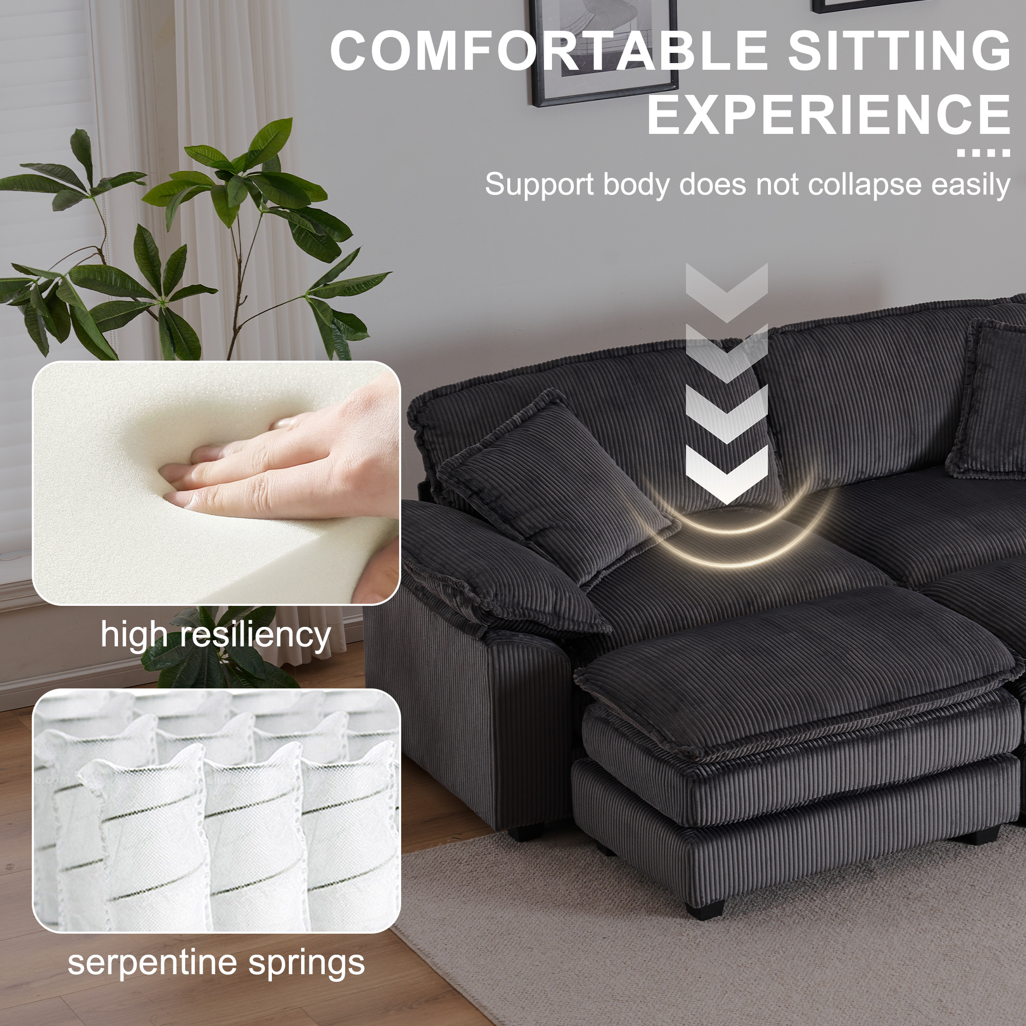 Aukfa Modular Sectional Couch Deep Seat Loveseat Sofa with 2 Ottoman for Living Room, 6 Pillows, Corduroy, Gray