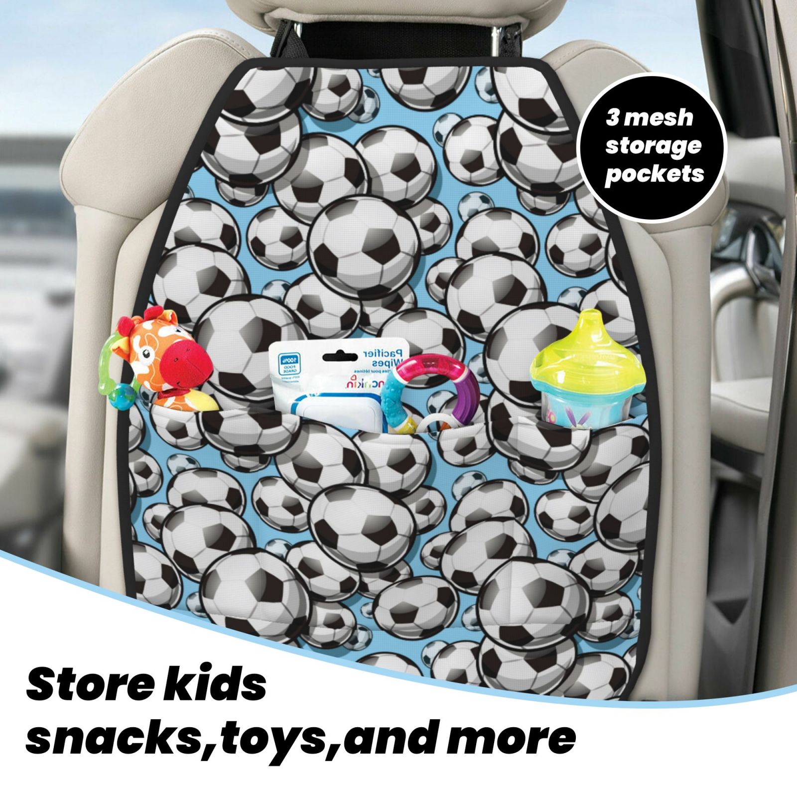 Xecao Football Soccer Ball Pattern Car Seat Back Protector 2 Pack Large Capacity Pocket, Kick Mats Back Seat Protector