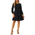 thumbnail image 2 of INSPIRE CHIC Women's Contrast Button Decor Long Sleeve Wear-to-Work Dress S Black, 2 of 6
