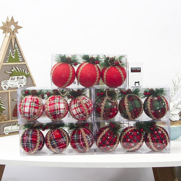 8CM Red Plaid Foam Christmas Ball Ornament Tree Hanging Decor Set of 3