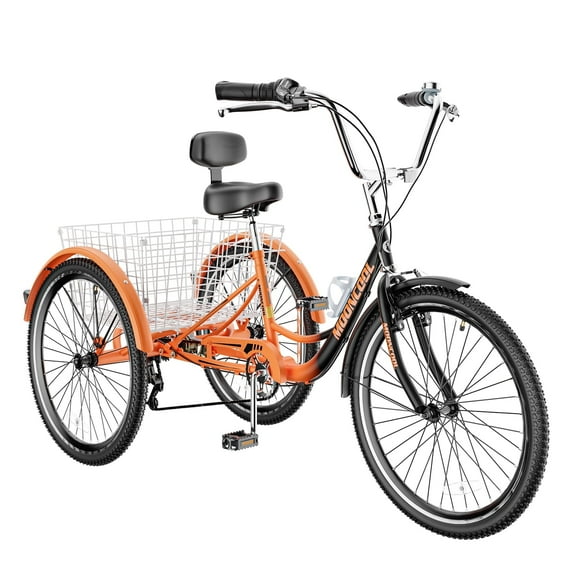 Adult Tricycle, 26" Wheels 7 Speed Tricycle with Shopping Basket for Adult ,Low Step Through 3 Wheel Bicycles,Black&Orange