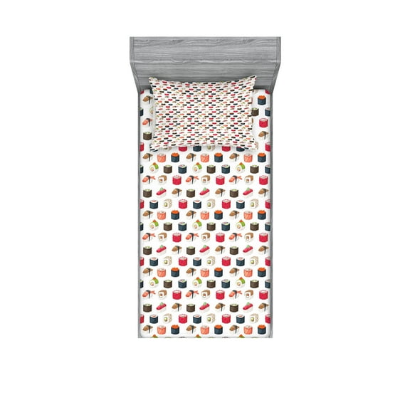 Ambesonne Sushi Fitted Sheet & Pillow Sham Set, Various Yummy Graphic Rolls, Twin, Multicolor