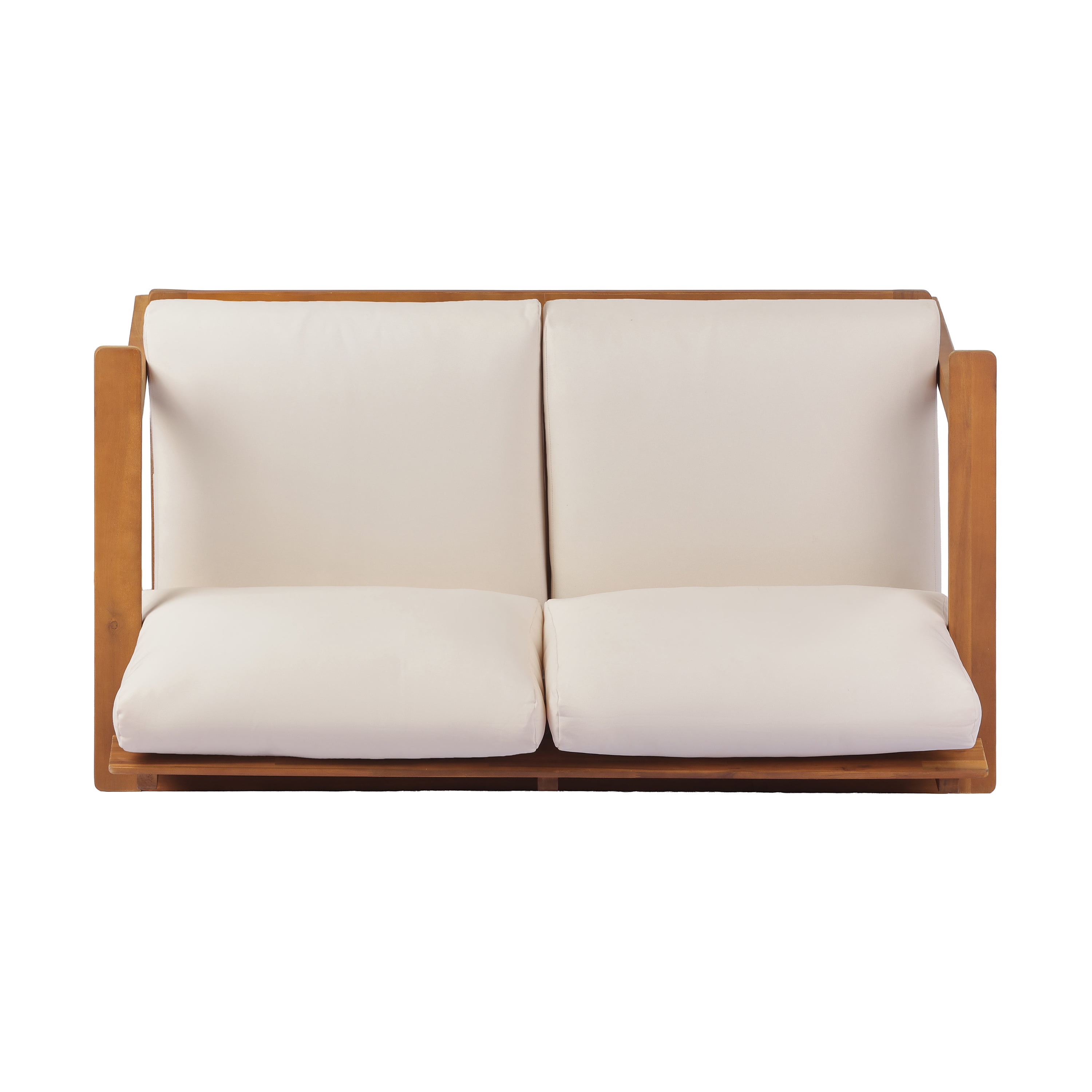 2 Piece Patio Set, Mid-Century Acacia Wood Loveseat and Slatted Coffee Table for Garden, Teak and Cream