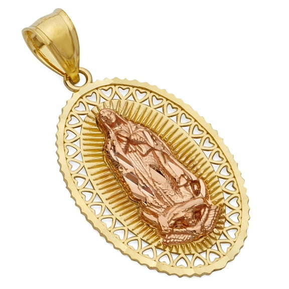Wellingsale 14K Two 2 Tone Rose and Yellow Gold Polished Milgrain Ornate Religious Our Lady Of Guadalupe Pendant
