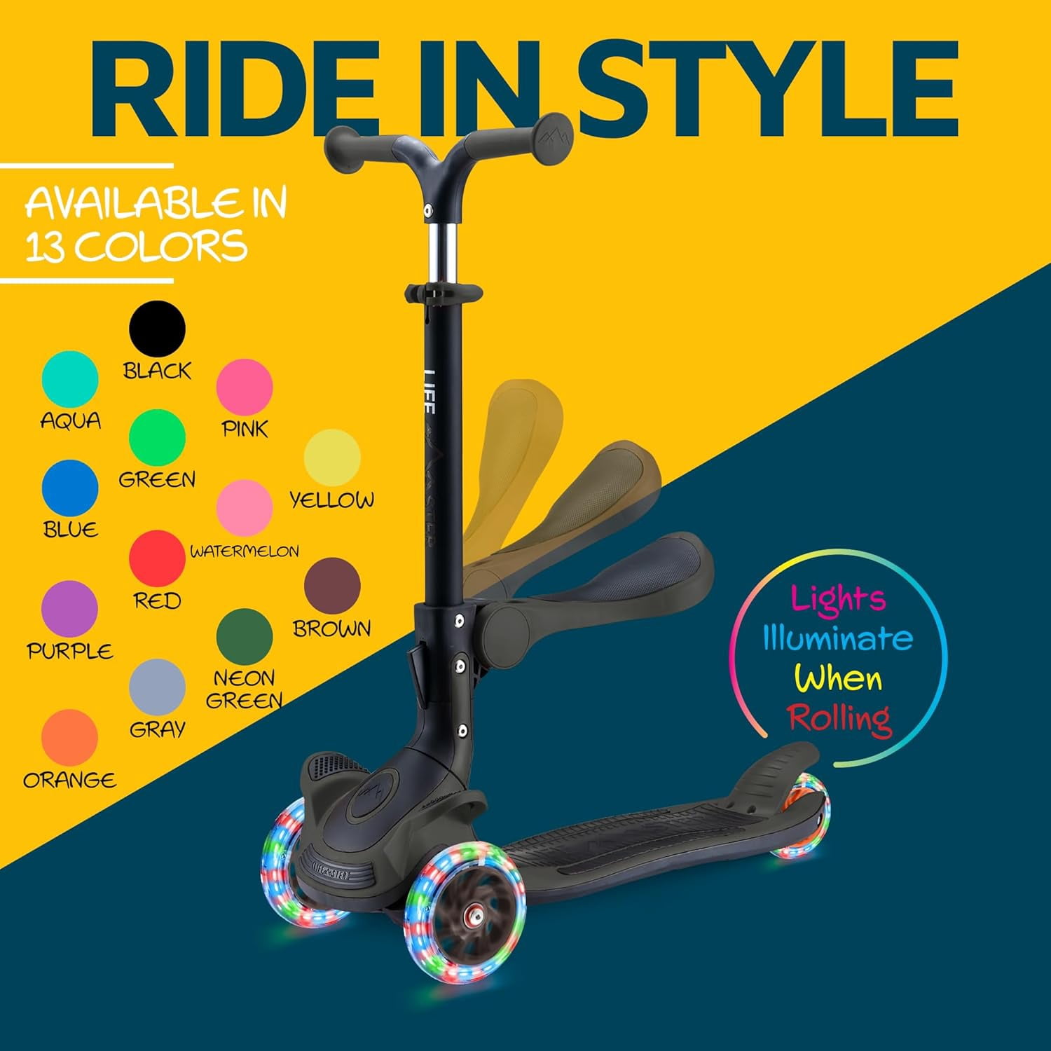 Lifemaster 3 Wheel Kids Scooter with Foldable Seat, Adjustable Handlebar, Lean-to-Steer LED Light-Up Wheels, Wide Anti-Slip Deck for Ages 2+