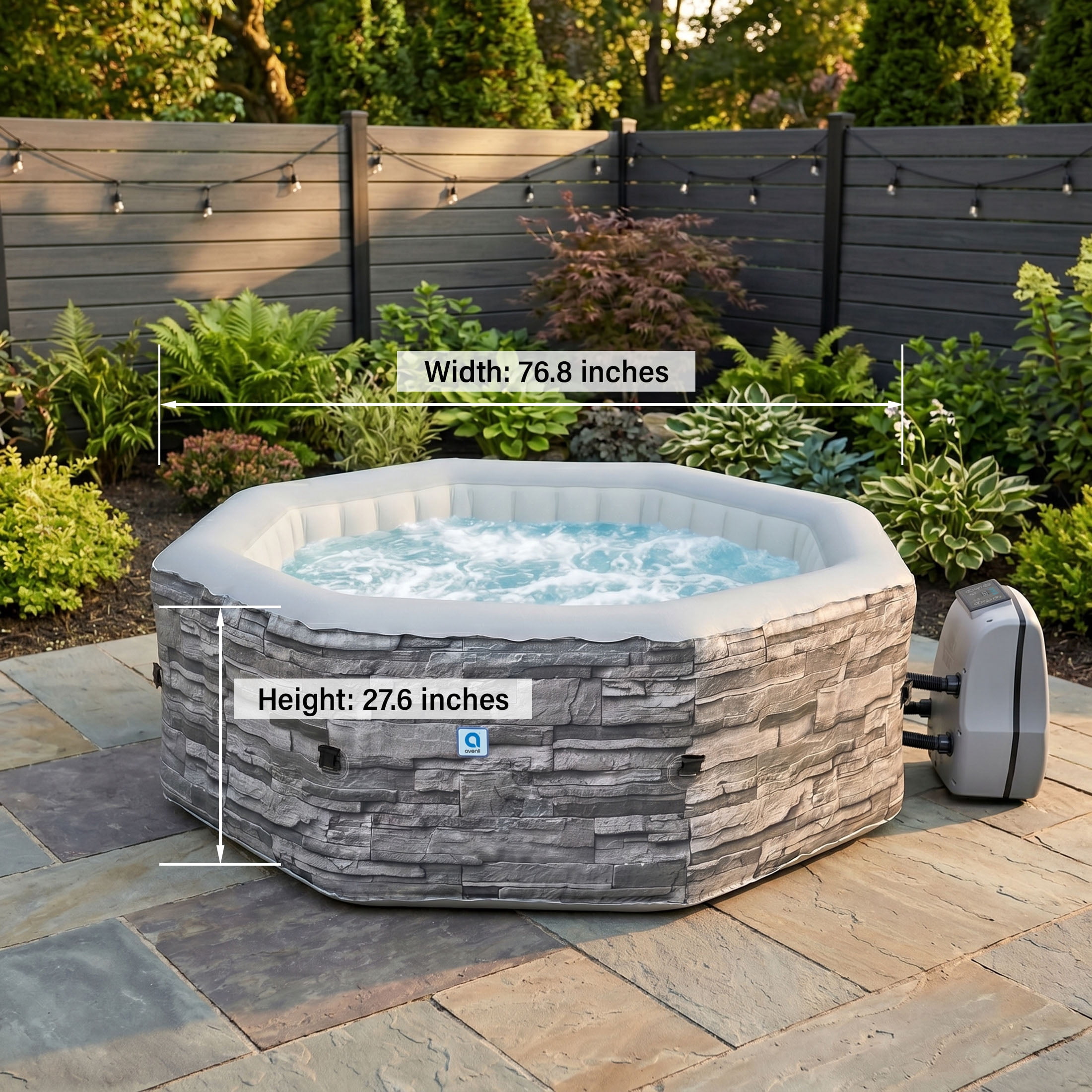 Avenli Vermont 3-5 Person Inflatable Hot Tub Spa + Cover, Gray Brick Pattern, Rapid Heating up to 104°F, 120 Water Jets, 211 gal, Octagon