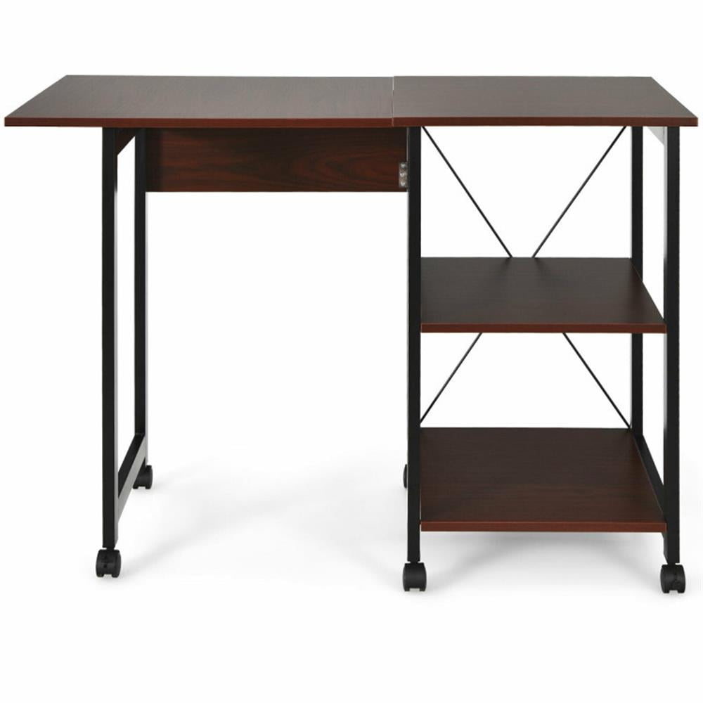 Demi Bonn Folding Writing Office Desk with Storage Shelves, Small Home Computer Desk Study Gaming Table, Brown