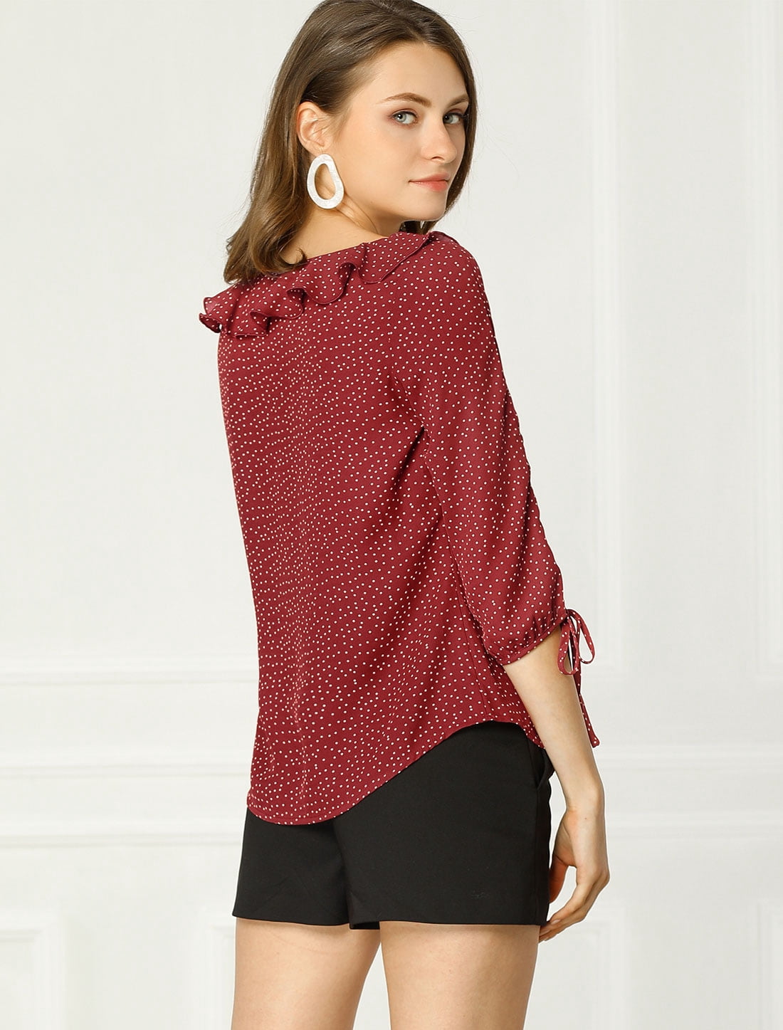 DARING DIVA Polka Dots Ruffled Neck 3/4 Sleeve Blouse Top 2XL Wine Red