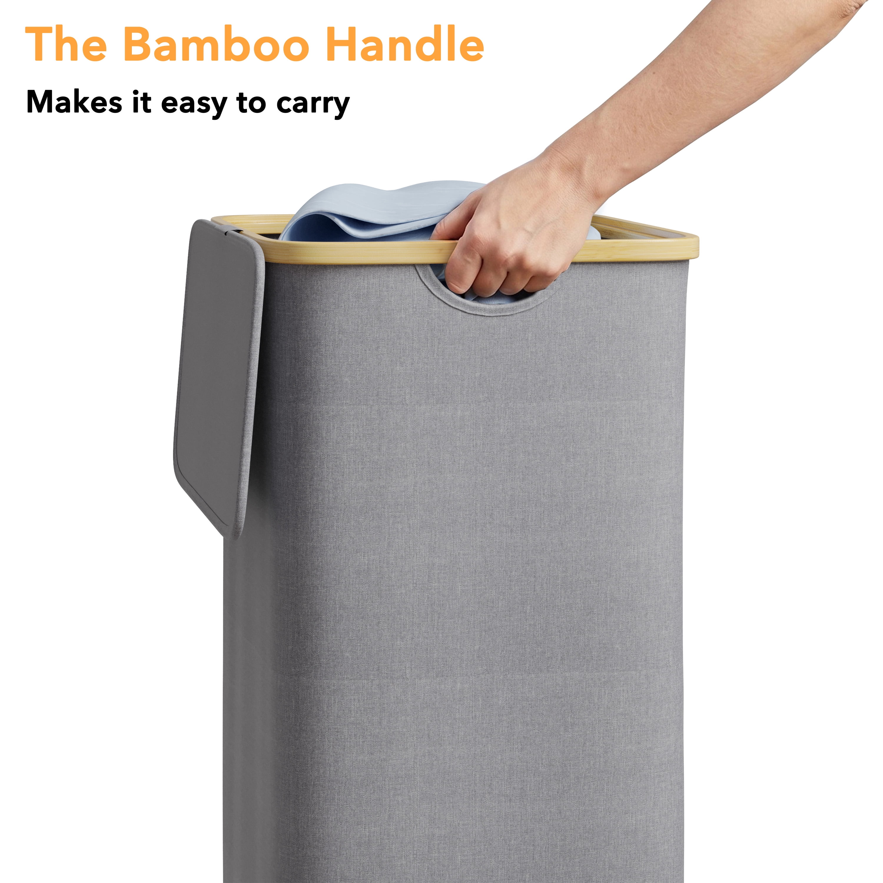 PLUMEBAY 110L Laundry Hamper with Lid, Large Foldable Clothes Basket with Bamboo Handles, Tall Fabric Hamper for Bedroom, Bathroom, Dorm, Grey