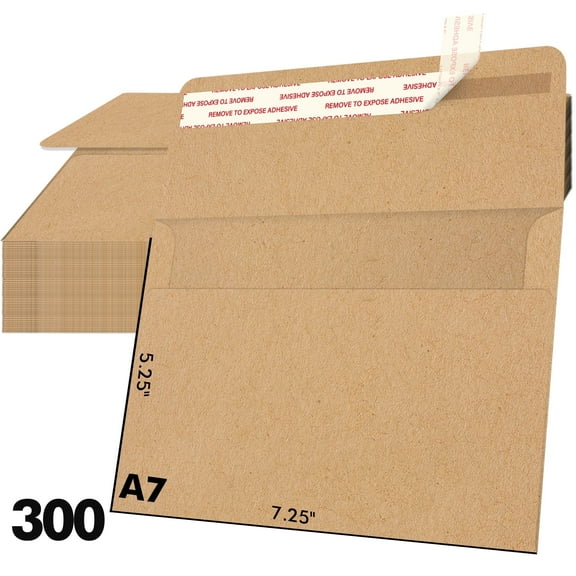 300 Count Self-Adhesive Invitation Envelopes, 5.25"x7.25", Brown Kraft, for Photos, Wedding Cards, Greeting Cards
