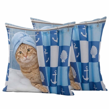 Outdoor Waterproof Throw Pillow Covers Set of 2 Bathing Cat Decorative Pillowcases Square Outdoor Pillows Cushion Case 18x18 Inch Funny Animal Showering Patio Pillows for Couch Sofa Bed Garden