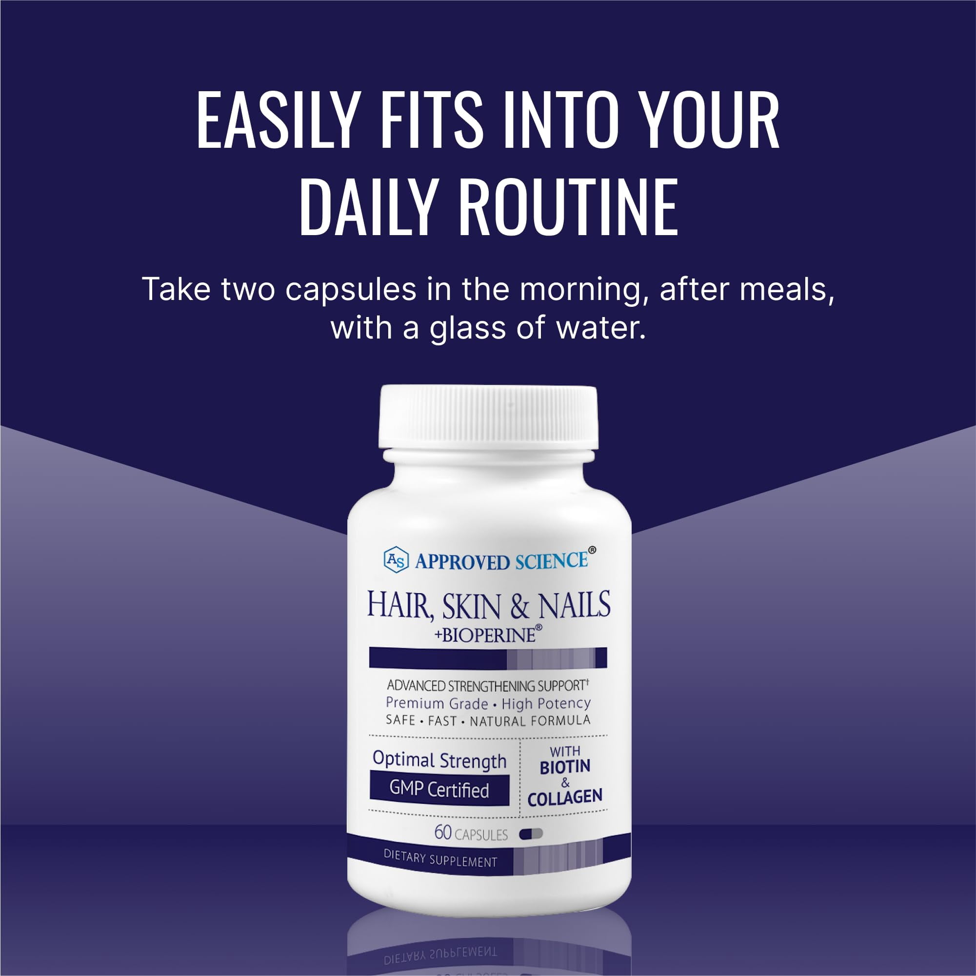 Approved Science Hair, Skin and Nails - Support Supplement - Biotin, Collagen, Vitamin B Complex, Silica, BioPerine - 60 Capsules - 1 Month Supply