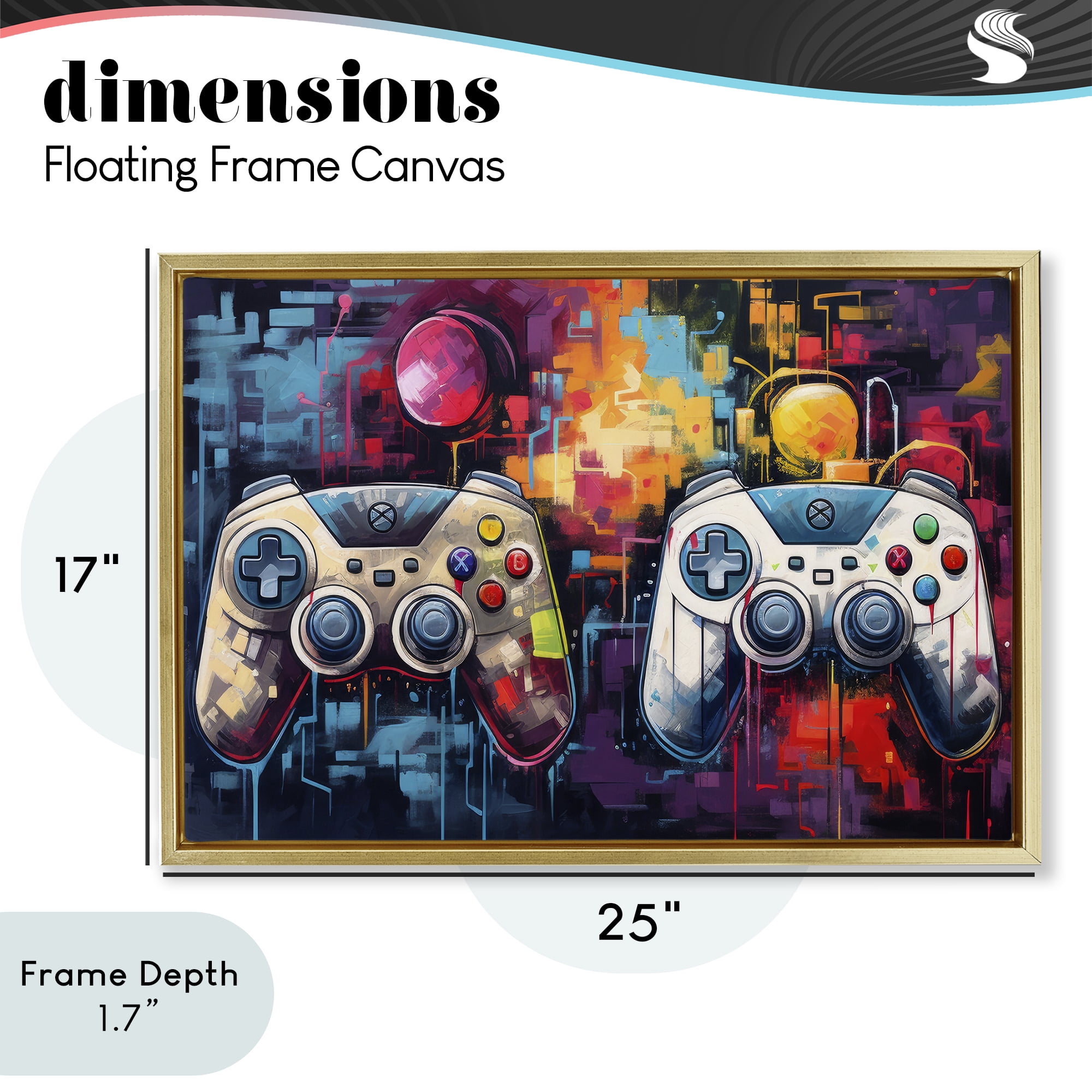 Stupell Industries Double Controller Modern Gamer Gold Framed Floater Canvas Wall Art, design by Lazar Studio