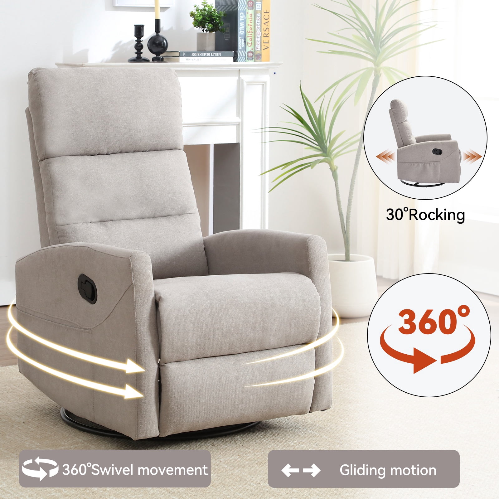 360°Swivel Rocker Recliner, PAPROOS Small Rocking Recliner Chair, Home Theater Recliner with 2 Side Pockets, Nursery Glider Recliner, Manual Recliner for Adults for Living Room,   Light Gray