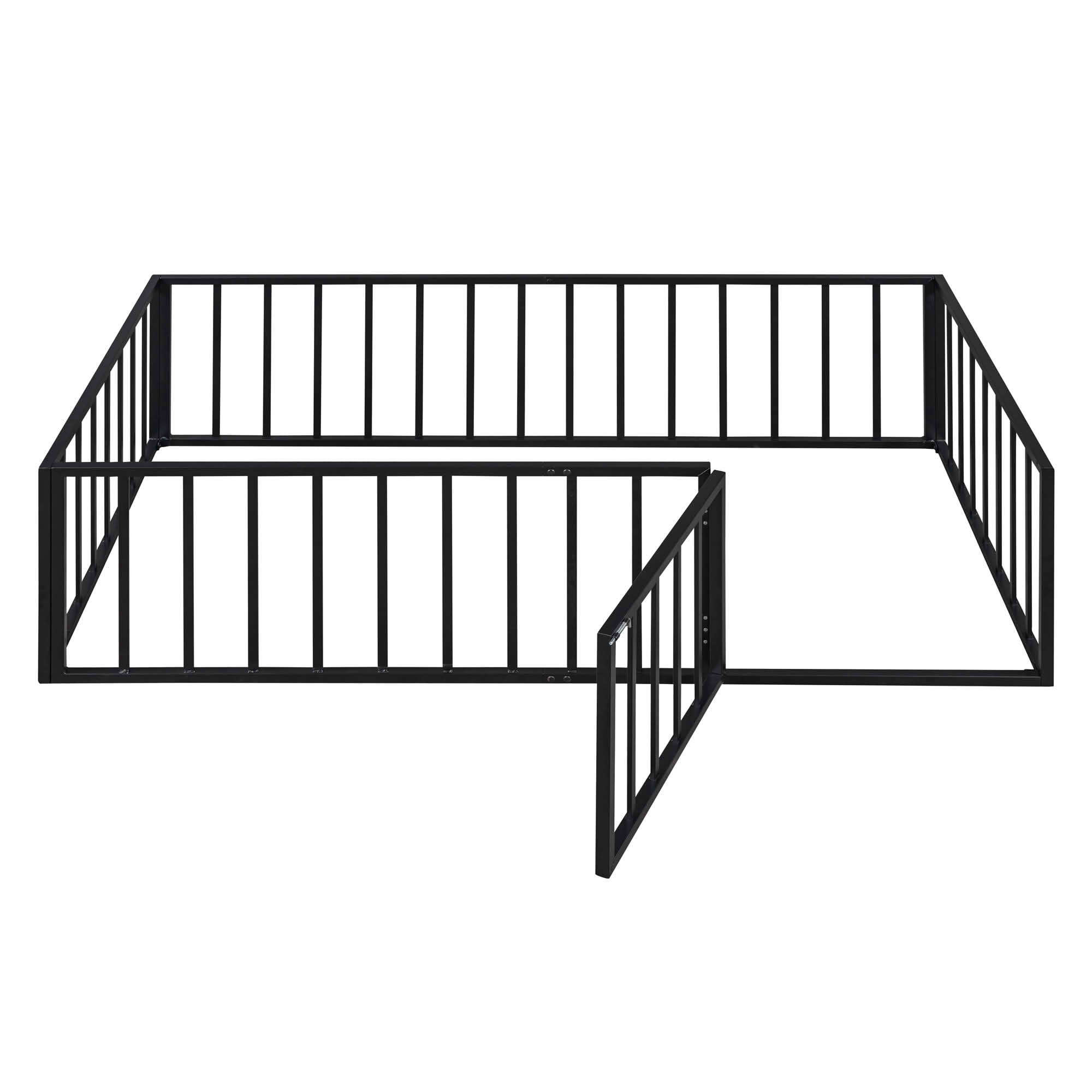 MAYEERTY Metal Floor Bed Frame with Fence and Openable Door Kids Play and Sleep Space