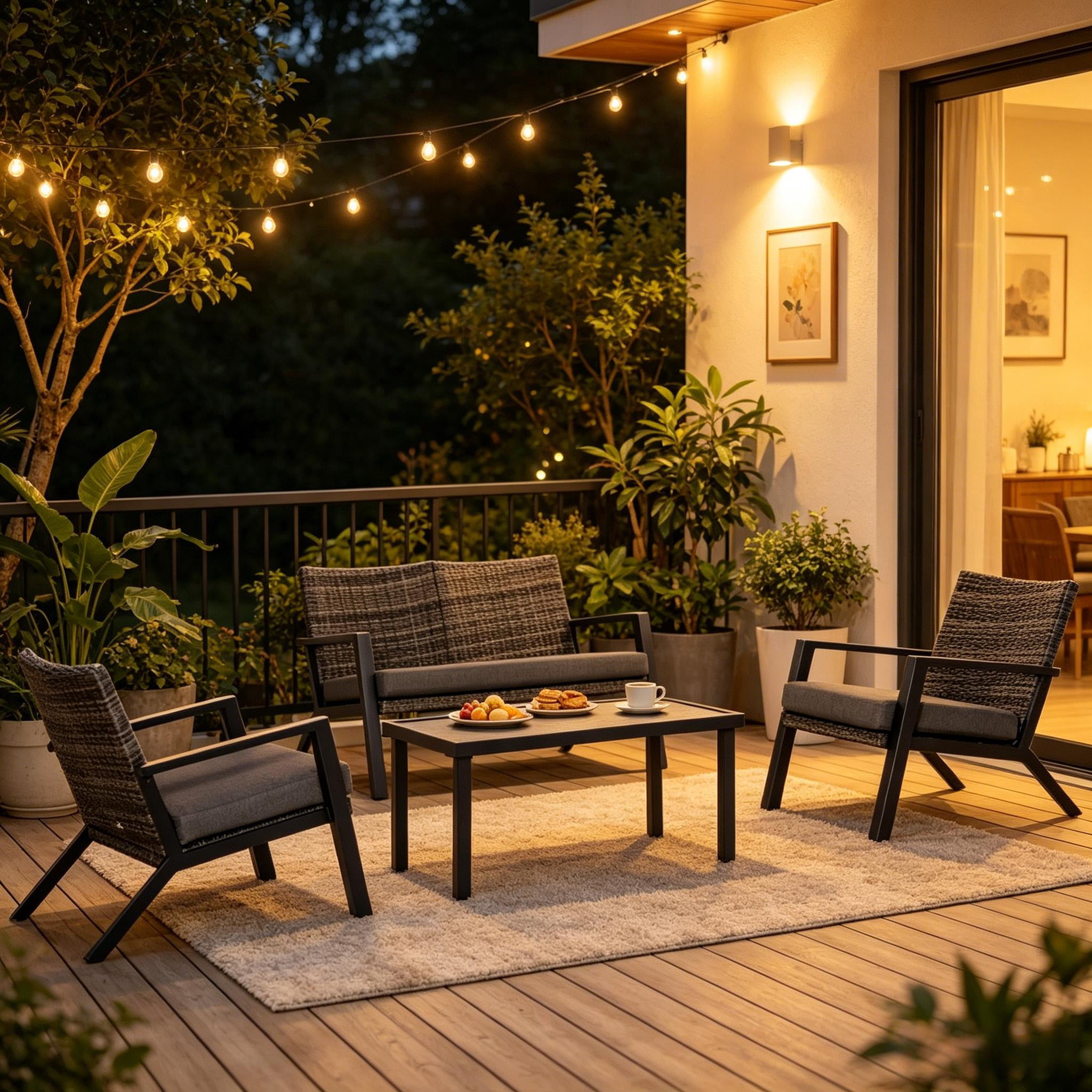 4-Piece Outdoor Rattan Patio Furniture Set,Loveseat,2 Chairs & Coffee Table,Weather-Resistant PE Wicker with Cushions,for Garden, Deck,Poolside