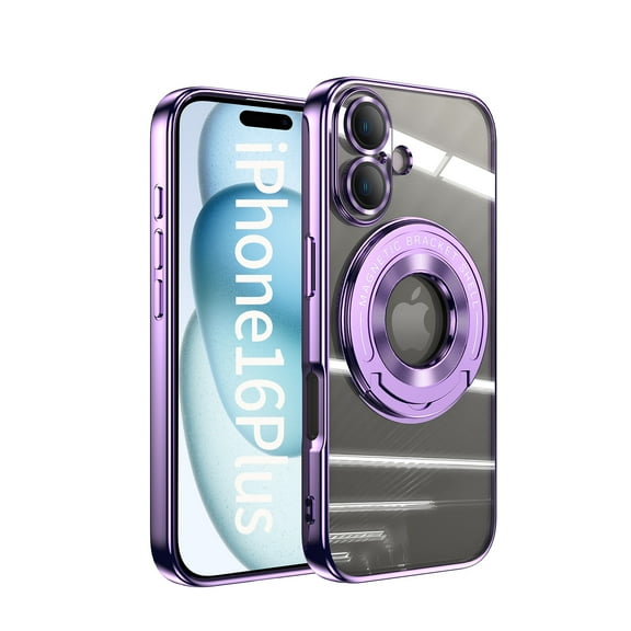 Compatible with iPhone 16 Plus Case with Rotating Magnetic Ring Stand, [Compatible with MagSafe] [Full Camera Lens Protector] Plating Clear Slim Phone Case for iPhone 16 Plus, Lightpurple