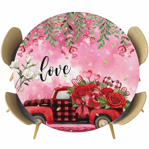 Valentine's Day Round Tablecloth, Fitted Table Cover with Elastic for 55"-60" Round Tables, Red Plaid Truck Love Roses Leaves Pink Table Cloth Outdoor Indoor Dinning Party Waterproof Tablecloths