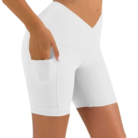 Yuanlook Women s Crossover Waist Yoga Biker Shorts with Pockets High Waist Compression Workout Shorts S-XXL