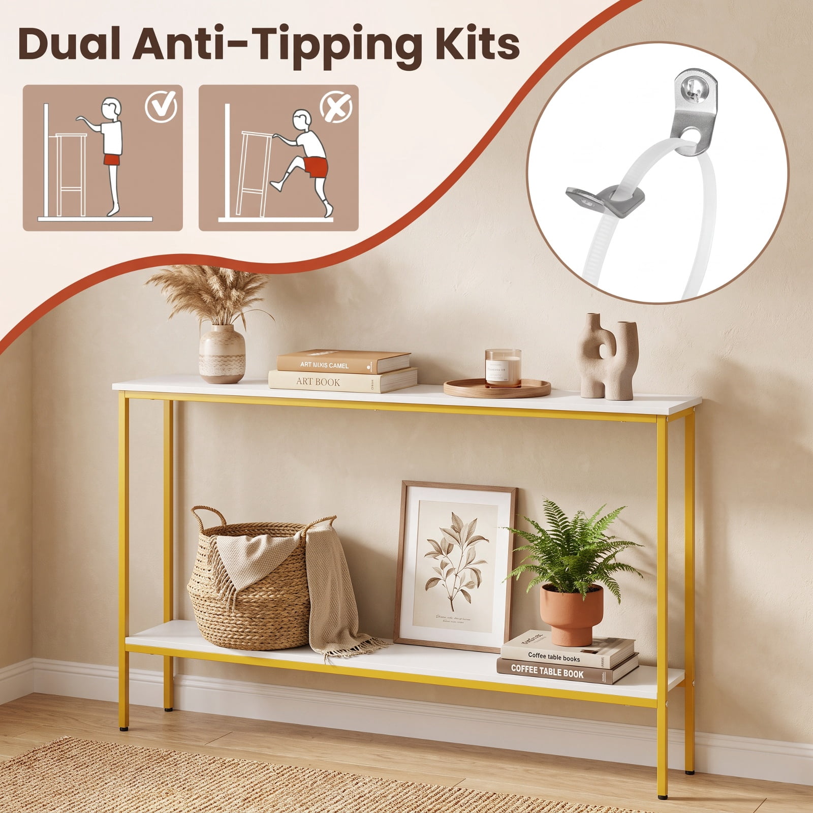 Furnibear 44 Inch Narrow Console Table with Storage Shelf and Dual Anti-Tipping Kits for Entryway Hallway Living Room Sofa Table, White