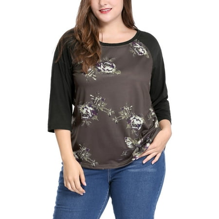 Women Plus Size Scoop Neck 3/4 Raglan Sleeves Floral Top Blouse Shirt Coffee 1X
