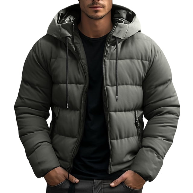 VINUSLI Men's Puffer Coat Thicken Quilted Warm Jackets with Detachable Hood Winter Zip Up Cold Weather Outerwear Parka Dark Gray,M