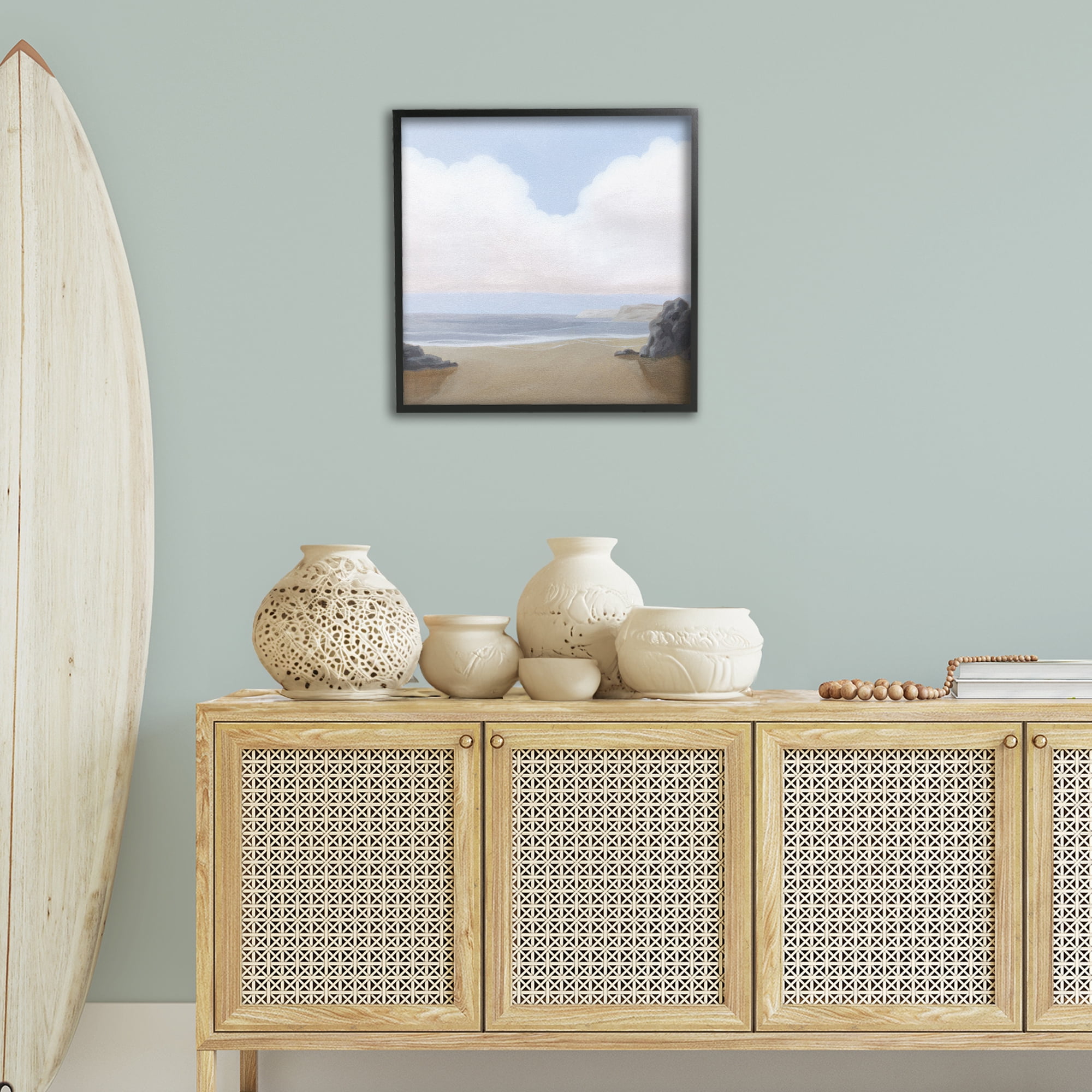Stupell Industries Soft Clouds Over Beach Landscape Painting Black Framed Art Print Wall Art, 24 x 24
