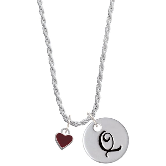 Delight Jewelry Silvertone Mini Two Sided Maroon Heart Silvertone Script Initial Disc - Q - Charm Necklace, 20"+3"