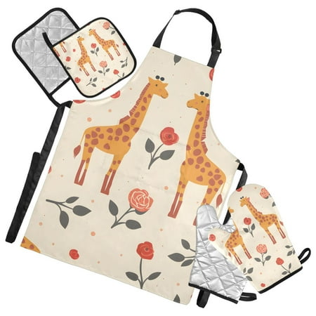 Cartoon Cute Giraffes Roses Apron Set with Oven Mitts Pot Holders Set of 5 Kitchen Stuff Accessories