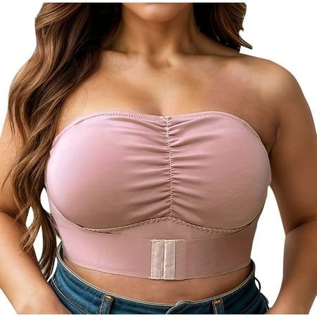 Ousvtion Clearance Deals Women s Plus Size Bras Solid Button Front Bandeau Bra Strapless Wireless Bralette No Underwire Tube Tops Mesh Breathable Underwear Rose Gold 3X-Large