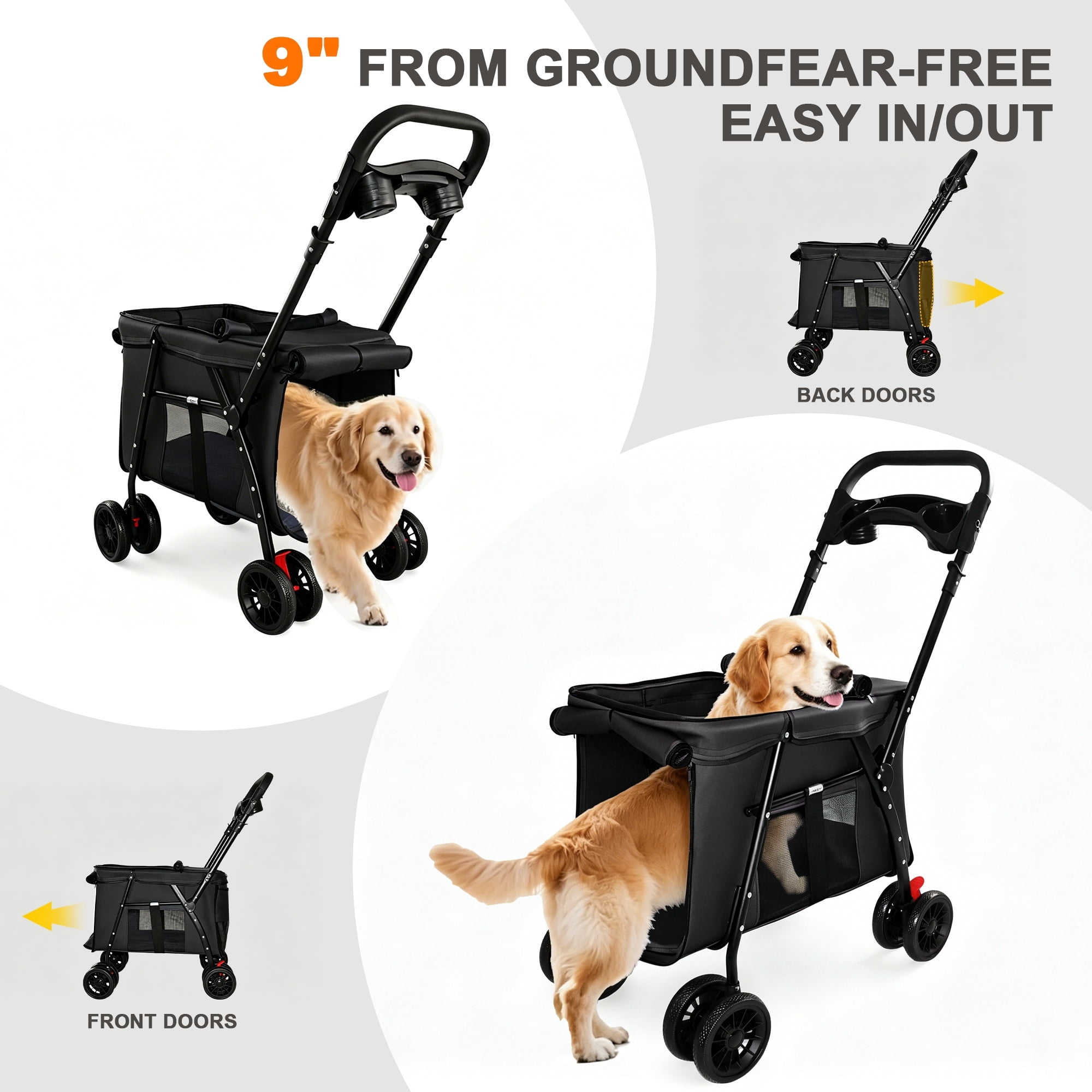 4-Wheel Folding Pet Stroller for Small Dogs and Cats, Pet Rolling Carrier with Storage Bag, Breathable Mesh & 2 Safety Leashes