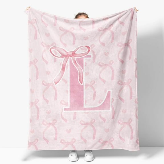 Coquette Pink Bow Blanket,Personalized Initial L Soft Fluffy Cozy Flannel Blanket,Monogrammed Gifts for Daughter Women Teen Women,Customized Blanket for Bedding Bedroom Office,50x60 Inches