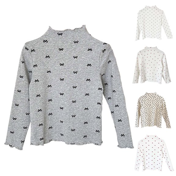 Rvasteizo Girls Long Sleeve Shirts Print Bow Crew Neck Long Sleeve Double Ruffle Soft Cotton Layering Tee for Girls All Season Everyday Wear