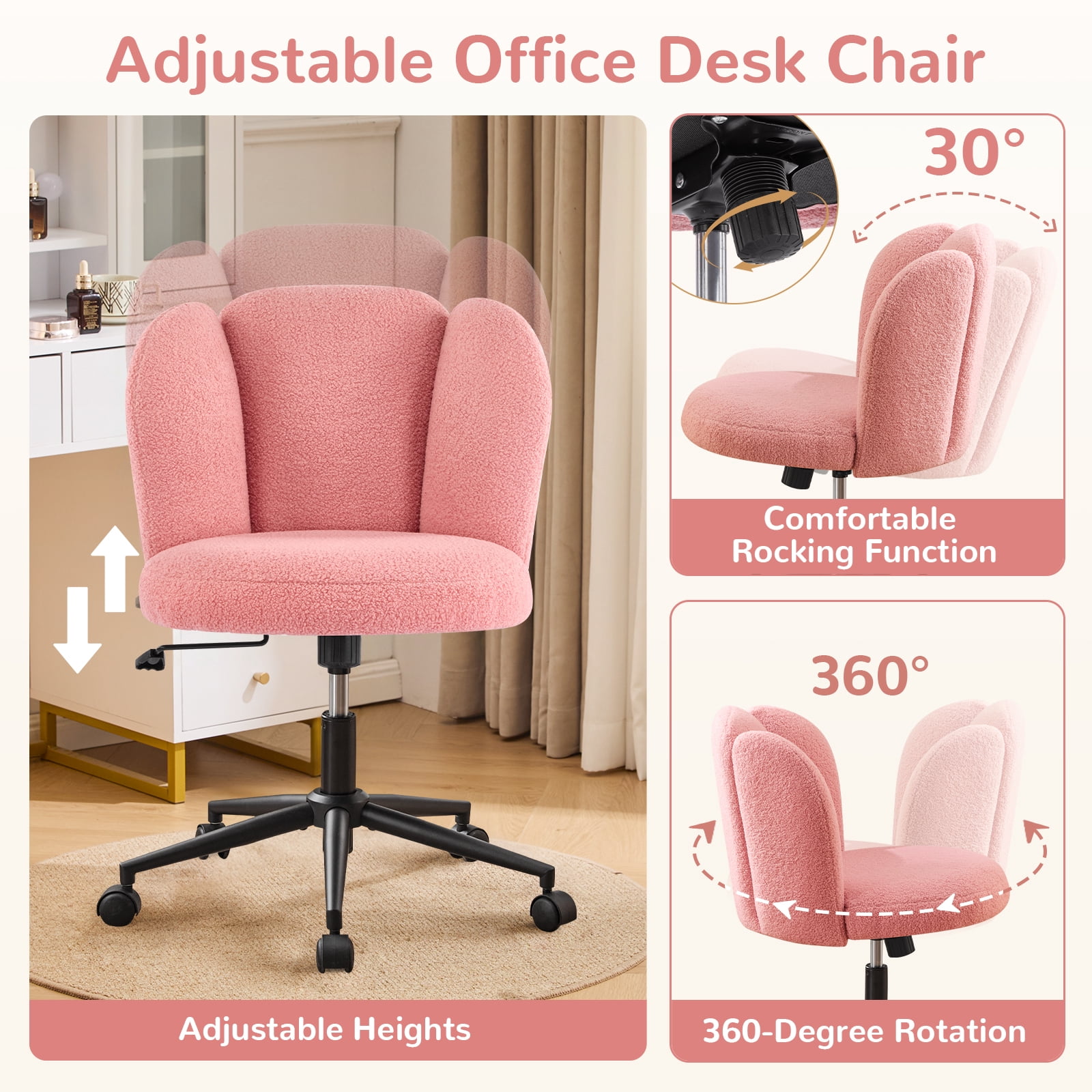 Furniliving Modern Upholstered Home Office Chair with Cloud Shaped Backrest, Cute Armless Vanity Chair, 360° Swivel Height Adjustable Desk Chair, Computer Task Chair for Bedroom, Pink