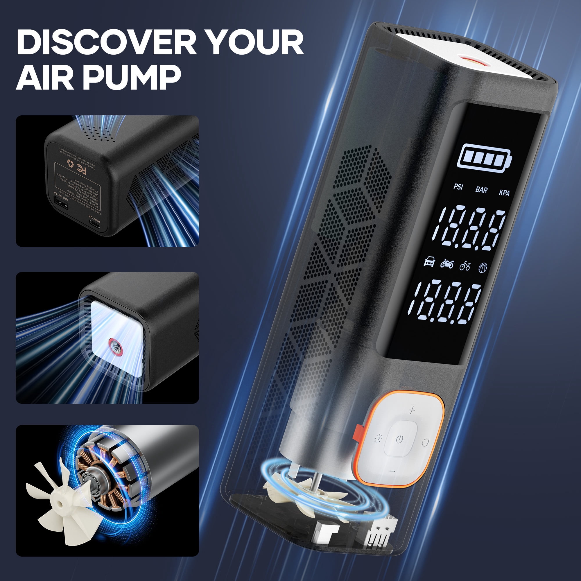 Naipo Portable Cordless Tire Inflator 150 PSI 1 Min Fast Digital Pressure Gauge Air Compressor 7800mAh Rechargeable Pocket Air Pump for Car Bicycle Balls Motorcycles Mattress