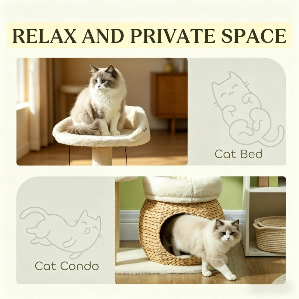 Cat Tree Activity Play Center, Cream White Cat Tower with Scratching Posts, Platform, Toy Ball, Cat Condo and 2 Beds, Soft Bunny Velvet Cat Furniture for 1-2 Cats Up to 11 lbs
