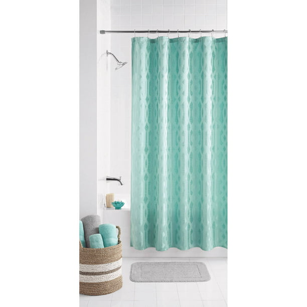 Mainstays Geo Jacquard Fabric Shower, Green And Beige Shower Curtains