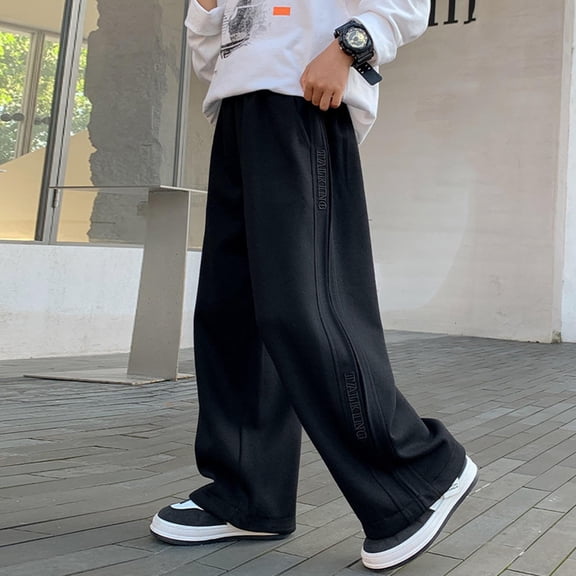 dazeni Boy's Wide Leg Baggy Sweatpants High Waisted Parachute Pant Solid Elastic Waiste Athletic Track Pants Youth Trendy Sports Comfy Clothes Black 13-14 Years