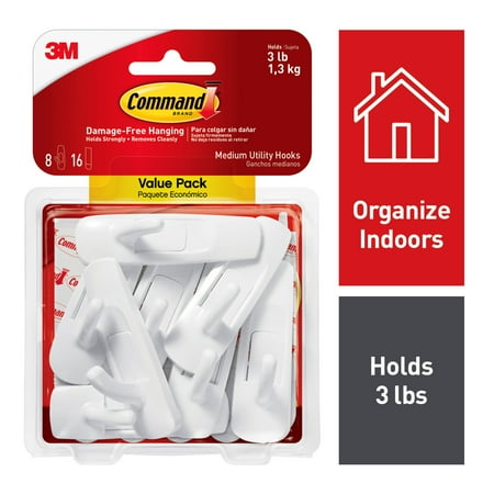 3M Command Damage-Free Medium Utility Hooks, Holds 3 lbs, Decorate without Tools, Indoor, 8 Hooks, Value Pack (Best Hooks For Flathead)