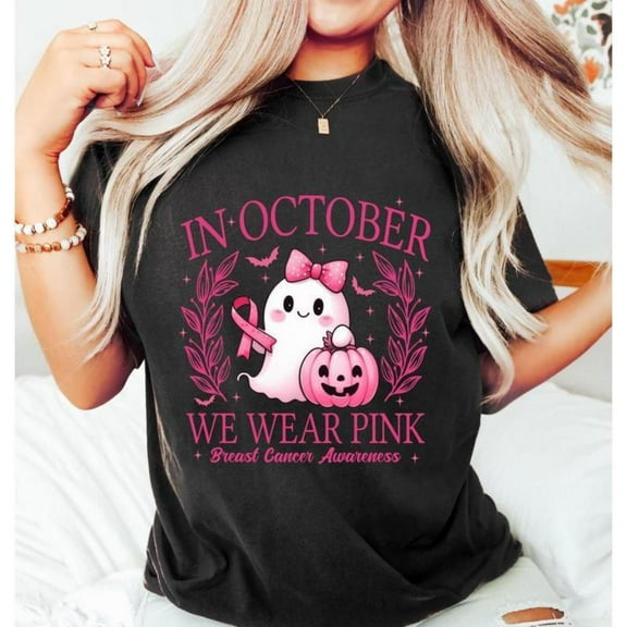 Light - Hearted Graphic Tee,Tops Has "IN OCTOBER WE WEAR PINK Breast Cancer Awareness" Text with Cute Ghost & Pumpkin Design, Round Neck Regular Fit T - shirts, Size(S - 5XL)